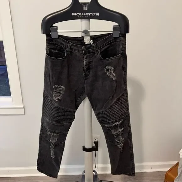 Gap + Stampd + GQ Size 33x30 Mens Black Moto Distressed Black Denim Jeans Button - Picture 3 of 9